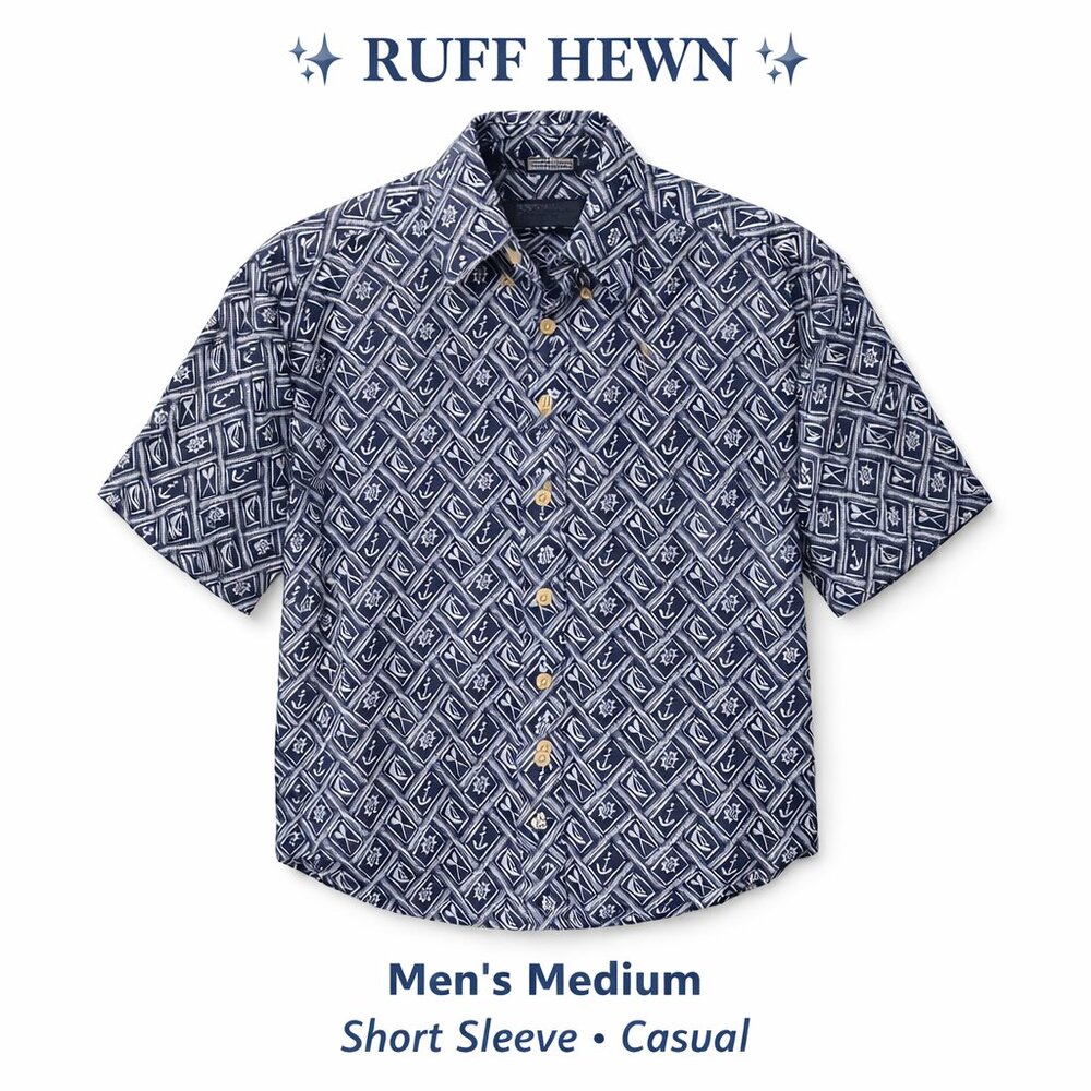 Ruff Hewn Men’s Hawaiian Shirt Medium Linen Cotton Blend Nautical Print